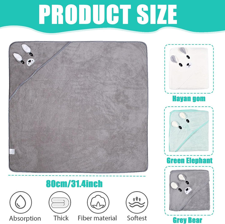 Hooded Towel - 3 Piece Baby Bath Towel Set, 80 X 80 Cm, Soft, Super Absorbent, Cute Unisex Hooded Towel with Pattern, 0-5 Years