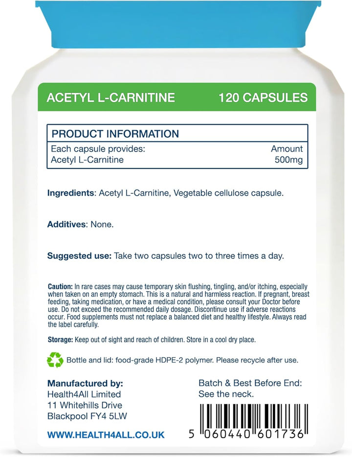 Acetyl L-Carnitine 500Mg 120 Capsules, Purest High Strength ALCAR Amino Acid with No D-Carnitine, Vegan, Gluten-Free, Gmo-Free Acetyl-L-Carnitine Supplement | Made in UK