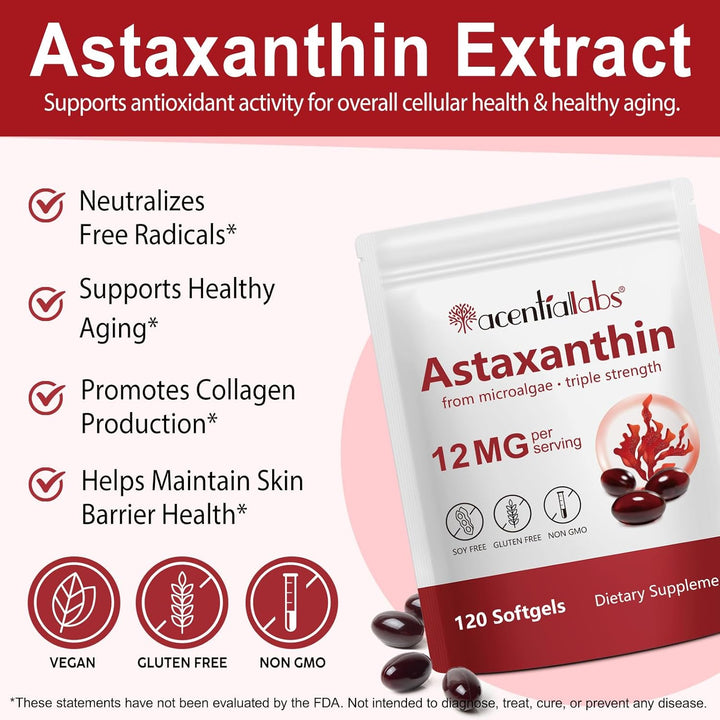 Astaxanthin Supplements 12Mg 120 Softgels, Premium Astaxanthin Antioxidant Supplement, Supports Eye, Skin, Joint, Brain, Heart & Immune System Health, Fresh Microalgae Source, Non-Gmo & No Gluten