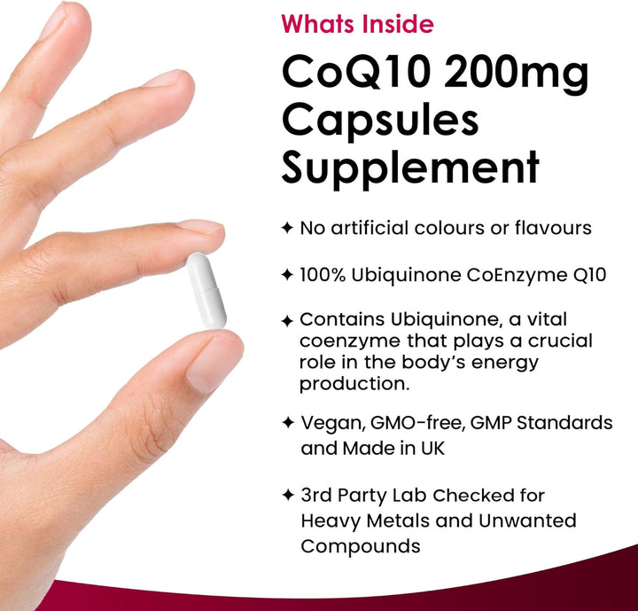 Coq10 Supplement 200Mg - Co Enzyme CQ10 120 Vegan Capsules 100% Pure and Naturally Fermented Ubiquinone Q10 High Strength Ubiquinone Coenzyme Q10 Coenzyme Coq10 Supplement UK Made Ubiquinol