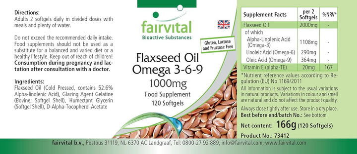 | Flaxseed Oil Softgels - 120 Count - Omega 3 6 9 with High Strength Alpha Linolenic Acid (ALA) - Cold Pressed Supplement - Made in Germany