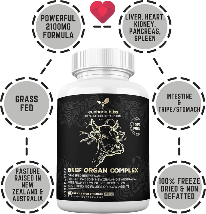 Premium Beef Organs Complex - 120 Capsules Freeze Dried Liver | Heart | Kidney | Pancreas | Spleen | Intestine | Tripe/Stomach | No Hormones, Antibiotics or GMO