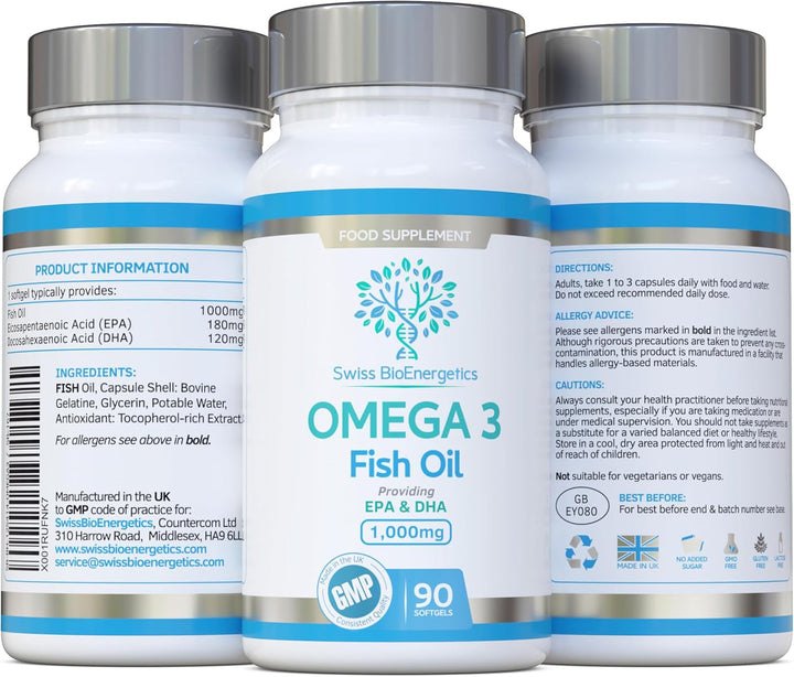 Omega-3 Fish Oil Soft Gels - Ultra Potent 1000Mg, 90 Capsules - Full Strength EPA & DHA - Easy to Swallow Omega3 Fish Oils - Ultimate Joint, Heart & Brain Health Support Supplement - Made in the UK