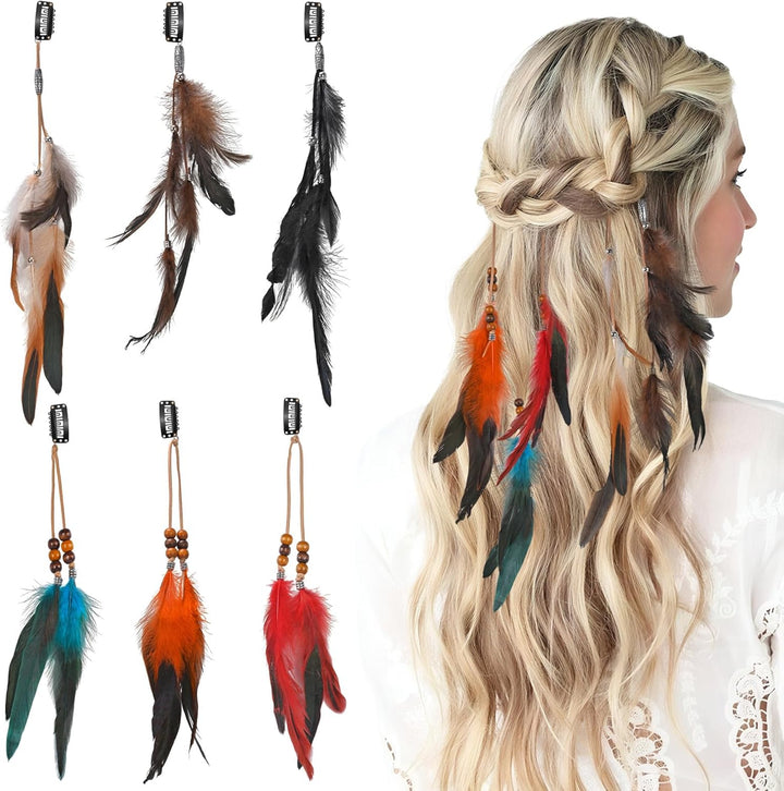 6Pcs Feather Hair Clip, Hair Feathers Extensions, Boho Hippie Festival Accessories, Handmade Hairpin Headdress for Women Girls Halloween Cosplay Costume