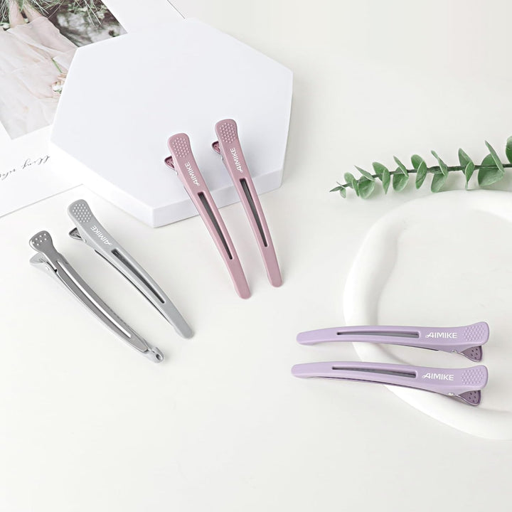 6Pcs Duck Billed Hair Clips for Styling & Sectioning, No Crease, Salon & Cutting Clips with Silicone Band