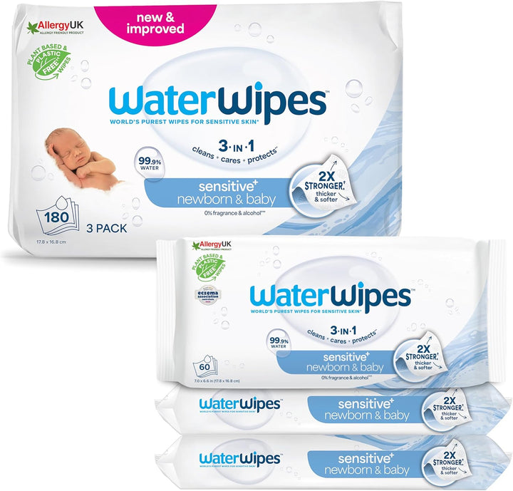 Sensitive+ Newborn & Baby Wipes, 720 Count (12 Packs), 3-In-1 Cleans, Cares, Protects, 99.9% Water, Unscented