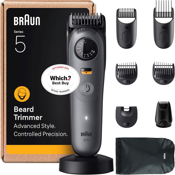 Beard Trimmer Series 5, +9 Styling Tools, Ultra Sharp Blade, 120 Min Runtime, 40 Lengths, Waterproof, Precisionwheel & Lock, BT5565, Grey