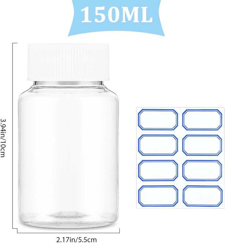 Clear Pill Bottle 6 Pcs Empty Medicine Organizers 150ML Jar Powder Box Storage Transparent Reagent Containers Plastic Dispenser Leak Proof Caps Receptacle for Toiletries Counter Labels