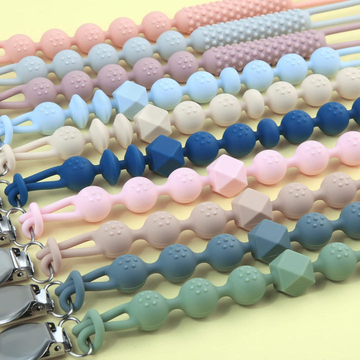 Dummy Clips Boys Girls Silicone Soother Pacifier Chain Flexible Binky Holder Set with Texture for Teething Baby Unisex Newborn Dummies 1-Piece Design(Quartz Pink)