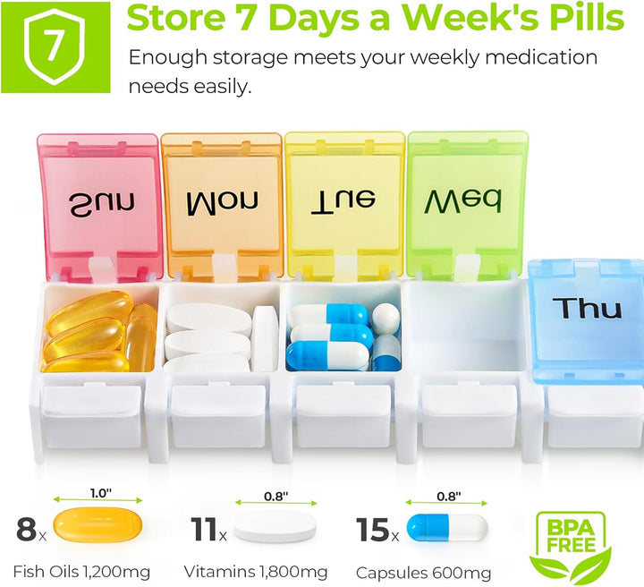 Pill Box, Travel Pill Organiser 7 Day with Spring Open Design, BPA Free Tablet Organiser to Hold Vitamins, Cod Liver Oil, Supplements and Medication - Arthritis Friendly