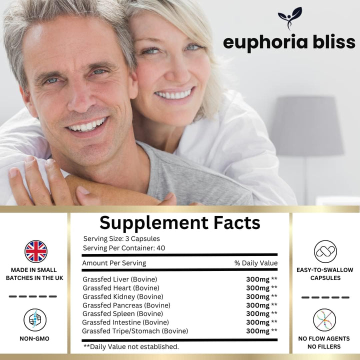Premium Beef Organs Complex - 120 Capsules Freeze Dried Liver | Heart | Kidney | Pancreas | Spleen | Intestine | Tripe/Stomach | No Hormones, Antibiotics or GMO