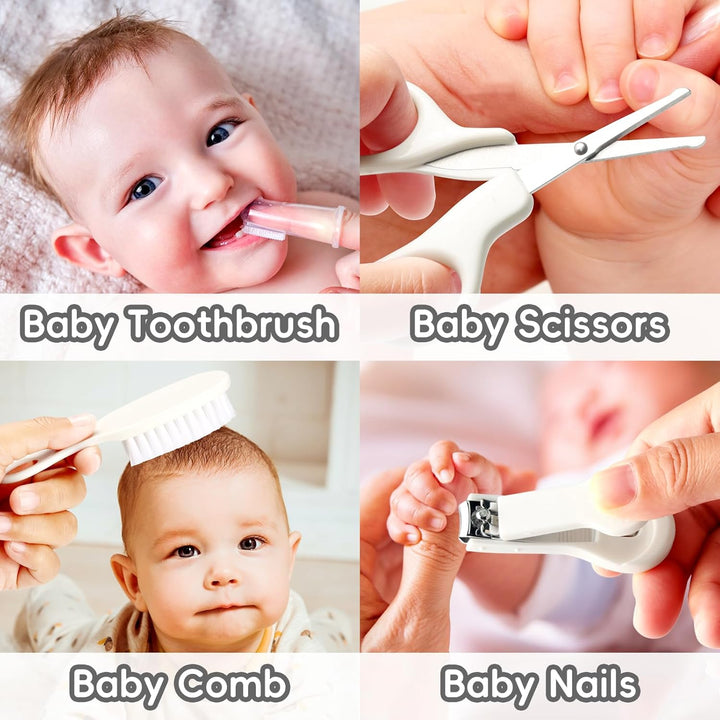 Infant Safety Care Set with Hair Brush Comb Nail Clipper, Baby Essentials Kit for Newborn Girls Boys (Grey White)