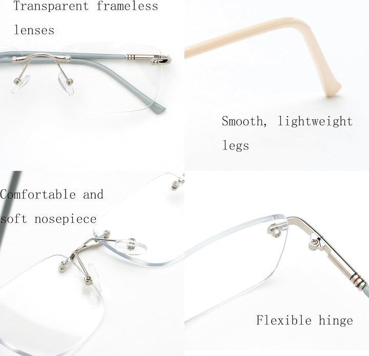 Eyewear Glasses Frameless Fashion, Gold Silver Non-Prescription Clear Lense Fake Glasses for Women and Men 2 Pack