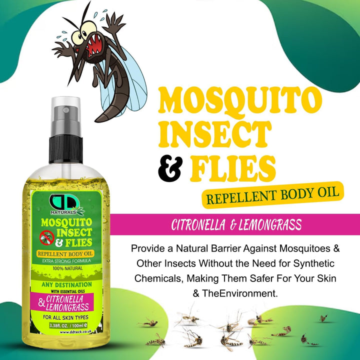 100% Natural Mosquito, Insect & Flies Repplent Body Oil with Citronella & Lamongrass Essential Oils, for All Body Types 100Ml Spray