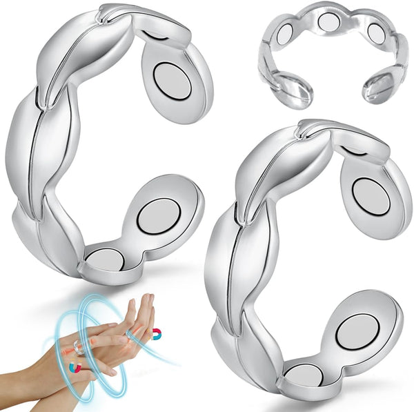 Lymphatic Drainage Magnetic Rings for Women - Copper Ring Finger Thumbs 7X Strength - Adjustable Solid Pure Copper with Present Box (Silver)