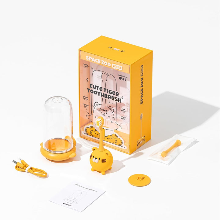 Snoic Rechargeable Kids Electrical Toothbrush with Cup, Smart Powerful Cute Tiger Girls Boys Toothbrushes with 2-Min Timer 3 Modes for 2-10Y Children Birthday Gifts