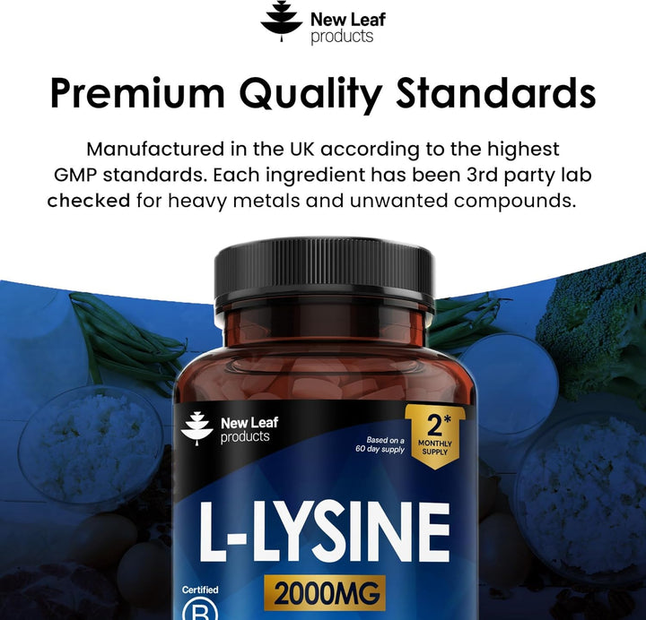 L-Lysine Tablets 2000Mg - High Strength Lysine Nutritional Supplements - Essential Amino Acid L Lysine - 120 Vegan Lysine Tablets 2 Month Supply Made in the UK by New Leaf