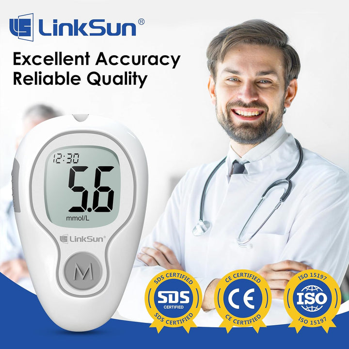 Blood Glucose Monitor Kit with 100 Test Strips & 100 Lancets, 500 Memory, Control Solution, Lancing Device, No Coding, G-425-3 Blood Sugar Monitor, Home Use Glucose Meter with Mmol/L Results