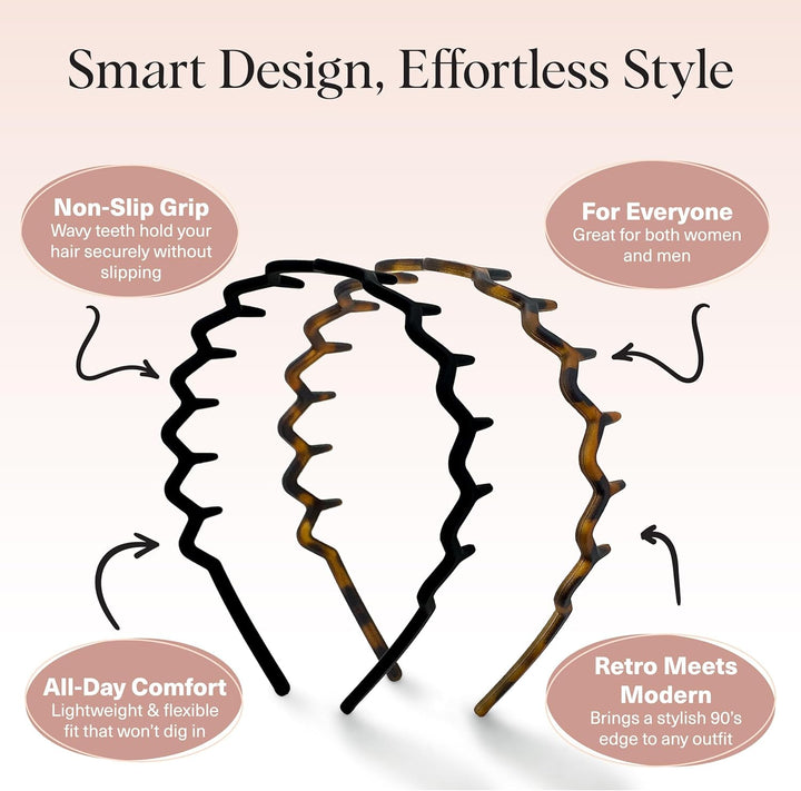 Zig Zag Headbands - Recycled Plastic Hair Band for Men & Women | Classic 90S Hairband | Mens Headband | Wavy Headband with Teeth | Hair Headbands for Women, 2Pc (Black&Tort)