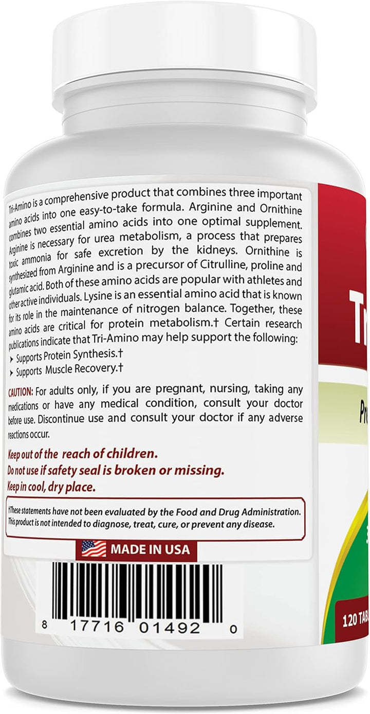Tri-Amino with L-Arginine, L-Ornithine, L-Lysine 120 Tablets (120 Count (Pack of 1))