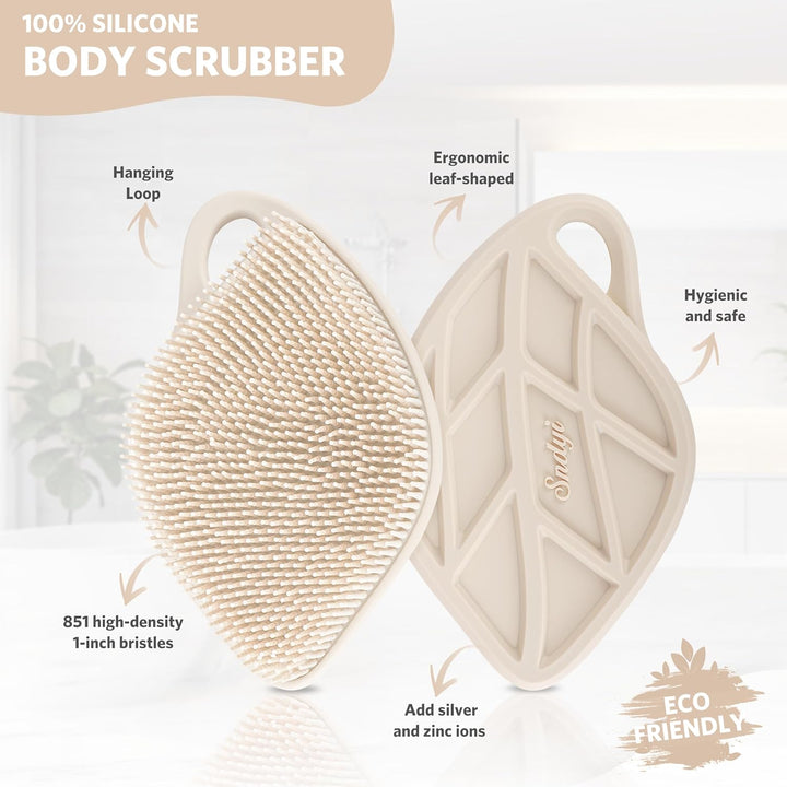 Silicone Body Scrubber, Gentle Exfoliating Shower Scrubber for Sensitive Skin, Leaf Shaped Silicone Loofah Body Brush with Lathering Bristles, Oatmeal