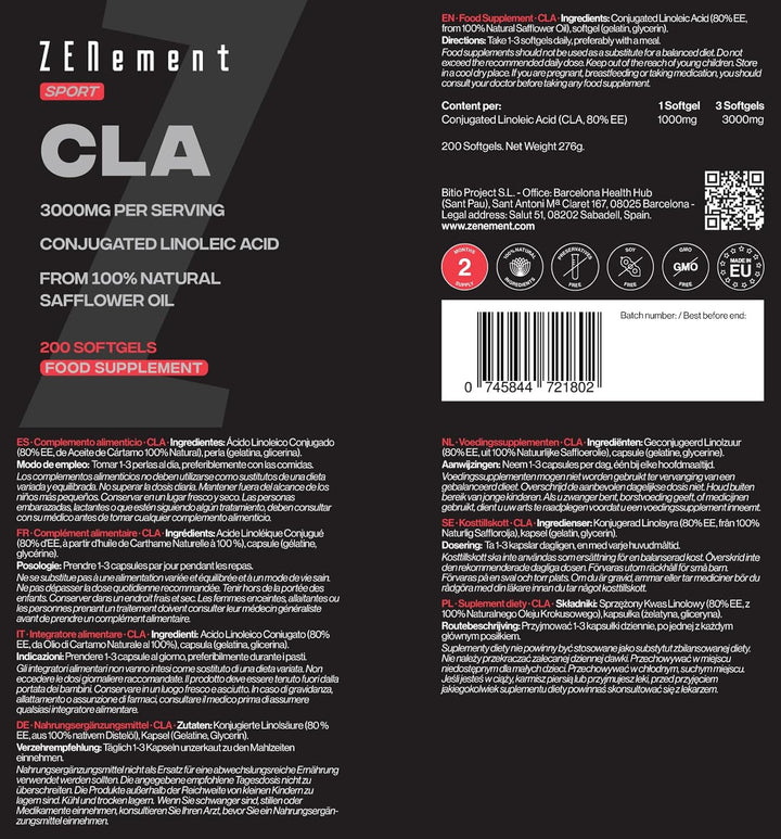 CLA Conjugated Linoleic Acid 3000 Mg per Dose – 200 Easy‑Absorb Softgel Capsules from Safflower Oil 80 % (2‑Month Supply) – Sports Supplement – High Concentration –