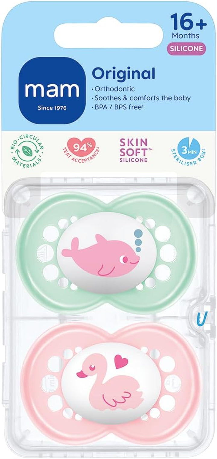 Original Soothers | 16 plus Months | Pack of 2 | Comes in Dummy Steriliser Box | Sustainable Materials | Baby Accessories | Pink (Various Designs)