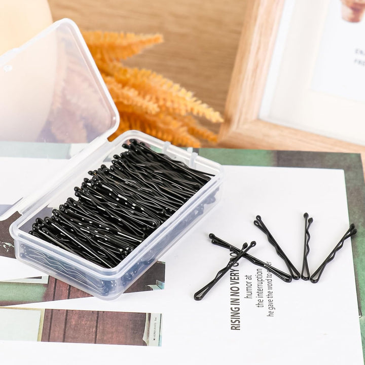 300 Pcs Bobby Pins Kit, Hair Pins for Women, Hair Grips, 100 Brown Waved Hair Pins (50Pcs L+50Pcs S), 100 Brown U Shaped H-Air P-Ins, 100 White Elastic Bands, with Storage Box