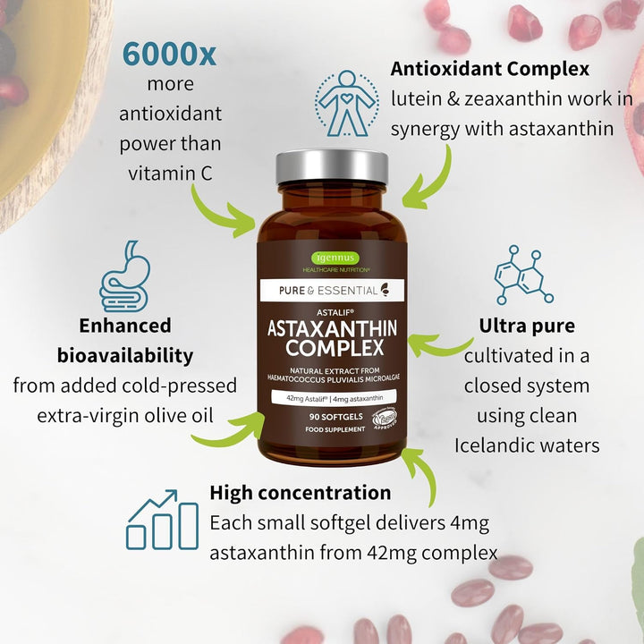Igennus Astaxanthin Complex, 42Mg Microalgae Complex Oil Providing 4Mg H. Pluvialis Astaxanthin, 90 Vegan Softgels
