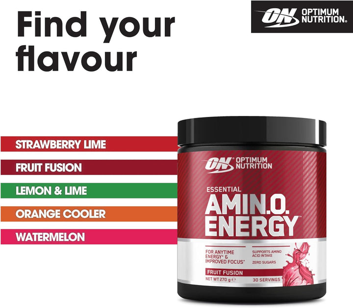 Amino Energy Pre Workout Powder, Energy Drink with Amino Acids, BCAA, L-Glutamine and L-Leucine, Food Supplement with Vitamin C and Caffeine, Fruit Fusion Flavour, 30 Servings, 270 G