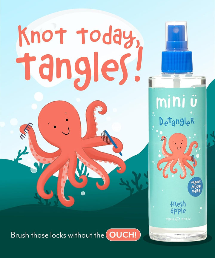 Mini U Kids Detangler Spray with Aloe Vera Juice - Fresh Apple Scented Hair Detangling Spray for Knots & Tangles - Vegan Hair Products for Children - 250 Ml