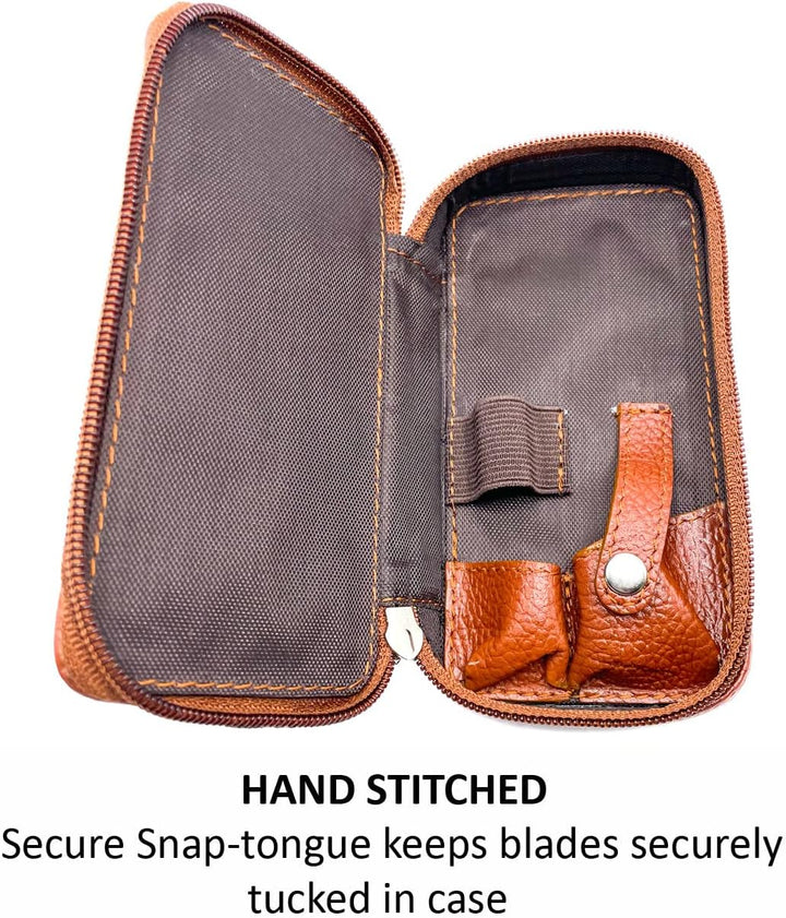 Genuine Leather Double Edge Safety Razor Zippered Travel Case with Compartment for Blades Too - from Saddle Brown