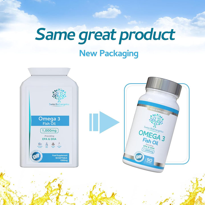 Omega-3 Fish Oil Soft Gels - Ultra Potent 1000Mg, 90 Capsules - Full Strength EPA & DHA - Easy to Swallow Omega3 Fish Oils - Ultimate Joint, Heart & Brain Health Support Supplement - Made in the UK