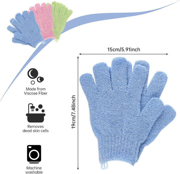 Exfoliating Gloves，6Pcs Bath and Body Exfoliator Mitts，Bamboo Shower Gloves ，Scrubs Away Ingrown Hair and Dead Skin，For Shower, Spa, Massage and Dead Skin Cell Remover Loofah（Blue+Green+Pink）