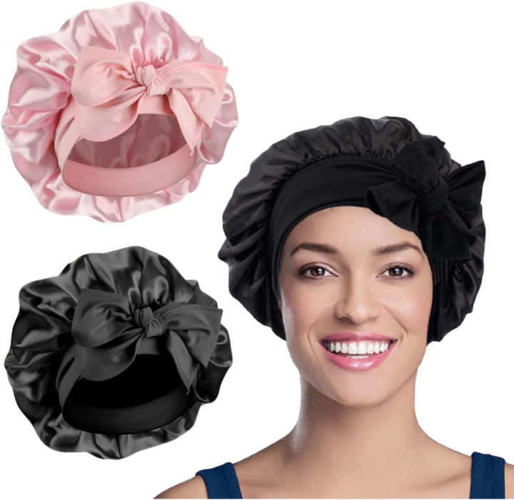 2PCS Satin Bonnet, Silk Bonnet Hair Wrap for Sleeping, Hair Bonnet for Bath, Tie Band for Women Long Curly Braid Hair (Black, Pink)