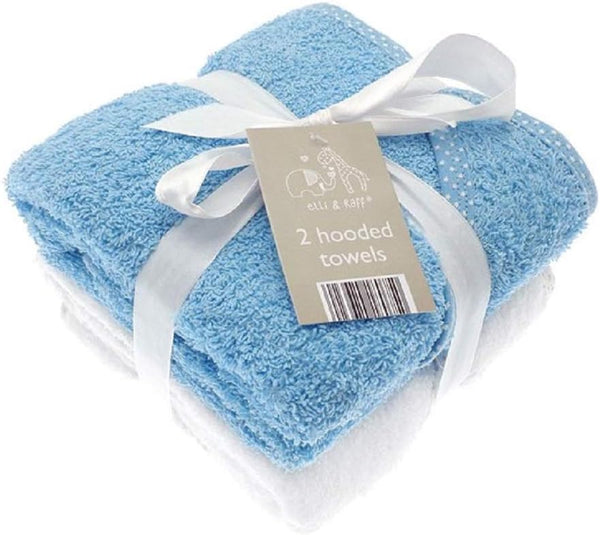 2 Soft White Elli and Raff Baby Hooded Bath Time Towel 100% Cotton Baby Gift (Blue)