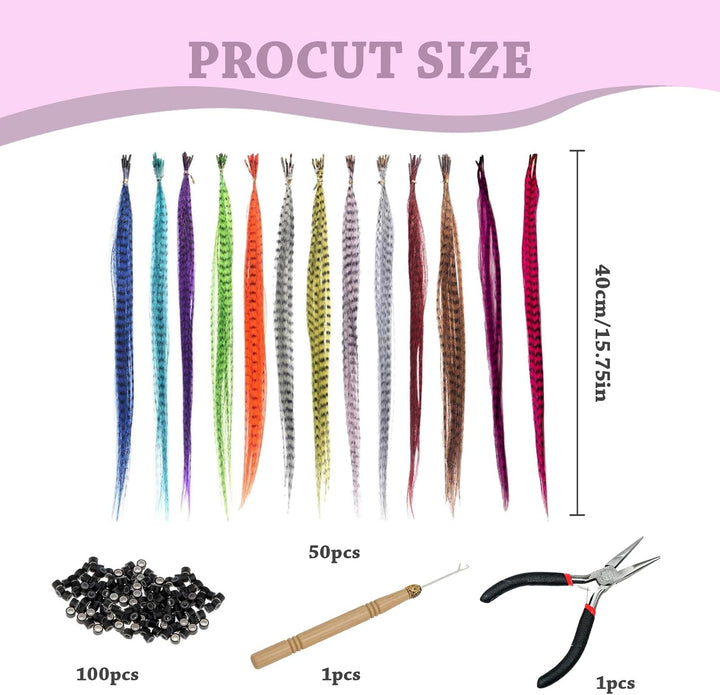 50 Pcs Feather Hair Extensions, Colorful Hairpieces Feathers with 100 Micro Beads, Pliers and Hook, Synthetic Hair Extensions Kit for Women Girls Party Festival Cosplay