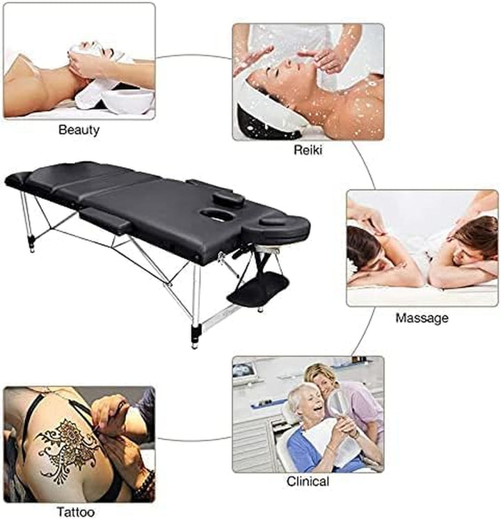 Portable Massage Bed Table - 3-Section Aluminum Foldable Beauty Couch for Reiki Therapy Treatment Salon Healing - Metal Headrest Support/With Carry Bag (Black)