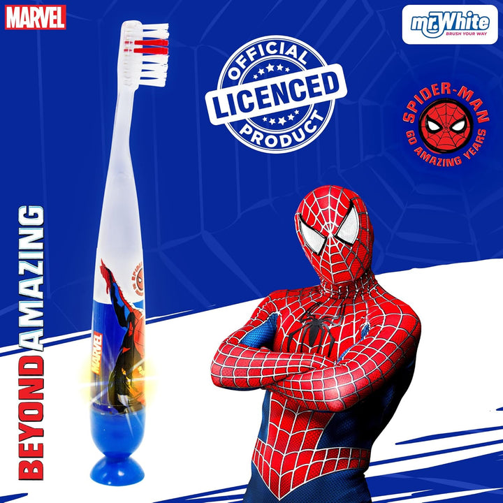 Marvel Spiderman Flashing Toothbrush for Kids with 2 Minute Flashing Light, Comfortable Handle Grip, Soft Rounded Bristles and Suction Cup for Upright Storage for Children Ages 3+