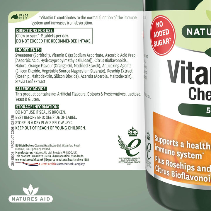 Vitamin C 500Mg 100 Chewable Tablets – Supports Immune System & Skin Health - High Strength, Sugar Free, Vegan, Non-Gmo – Antioxidant Supplement