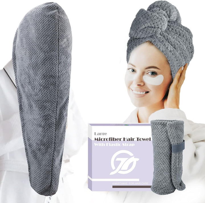 2-Pack Large Microfibre Hair Towel Wrap 86 X 26 Cm, Thicken Super Absorbent Hair Turbans for Wet Hair, Anti-Frizz Hair Drying Towel with Elastic Band for Women Long Thick Curly Plopping Hair