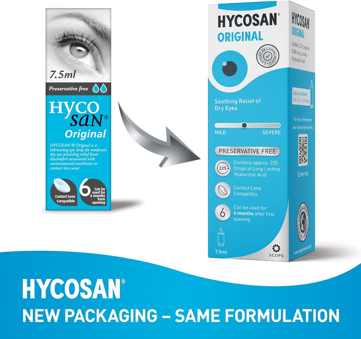 Hycosan Original - Triple Pack - Preservative Free Eyedrops - Sodium Hyaluronate 0.1% - Eye Drops for Mild to Moderate Dry Eye Symptoms and Contact Lens Irritation - 3X7.5Ml