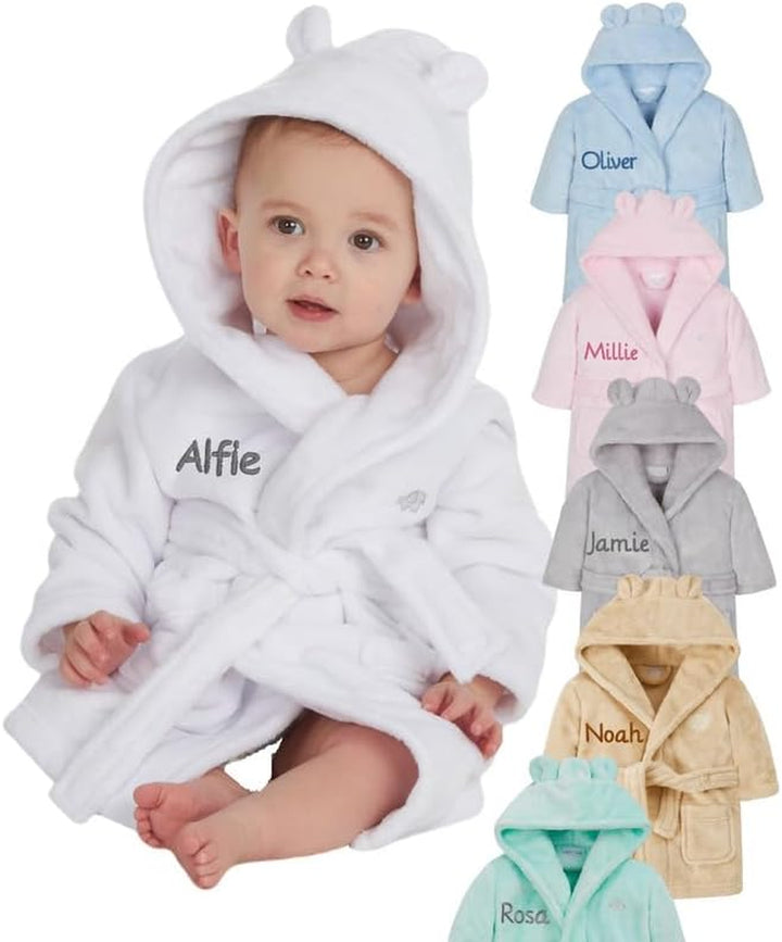 Personalised Baby Bathrobe Hooded Fleece Dressing Gown Super Soft Gifts Bath Robe for Boys Girls Cute Teddy Ears 0-4 Years