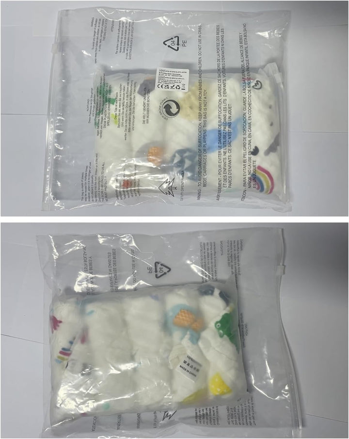 Baby Muslin Washcloths, Muslin Squares Organic 100% Cotton Natural Baby Face Towels, 5 Pack Reusable Extra Soft Newborn Baby Wipes, 6 Layers Bath Shower Wash Cloths with Printed Design, 10X 10 Inches