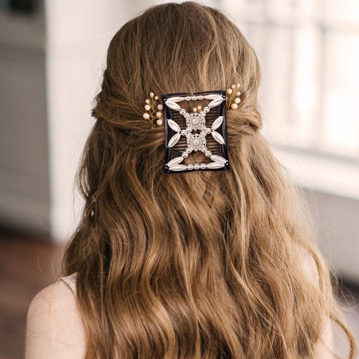 Double Clip Magic Elastic Beaded Hair Combs, 3PCS Double Sided Clips for DIY Hairstyling, Girls & Women Hair Accessories (Flowers)