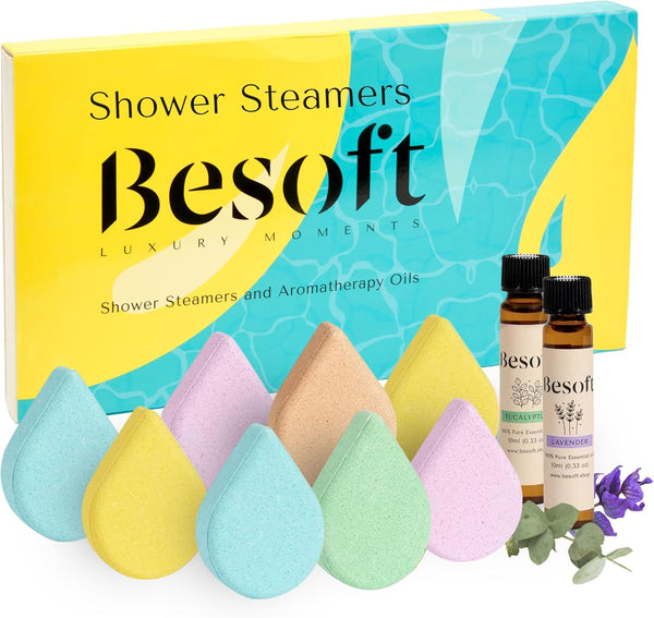 Shower Steamers Aromatherapy Set - 8 Shower Bombs with 2 Lavender and Eucalyptus Essential Oils | Gifts for Her and Relaxation Gift for Woman | Gift Set