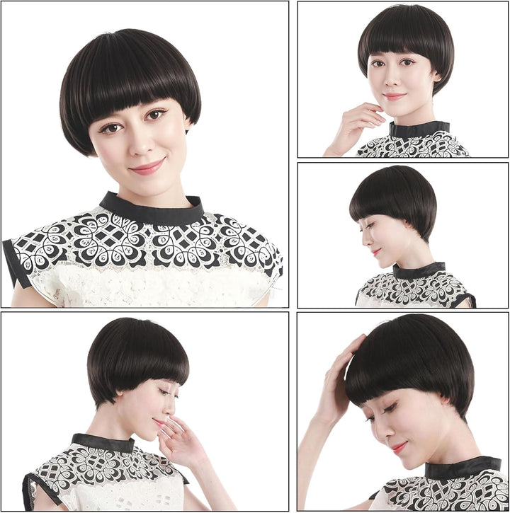 Short Black Straight Wig for Men Women, Short Mushroom Wig with Full Bang Funny Bowl Cut Hairstyle, Men'S 60S 70S 80S Hair Costume Movie Role Play Fancy Dress Cosplay Party Halloween (Black)