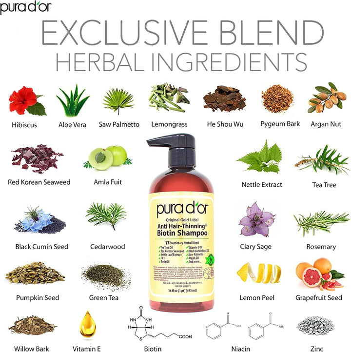 Pura D’Or Premium Organic Argan Oil Shampoo for Hair Loss Prevention (Gold Label), 16 Liquid Ounces Single