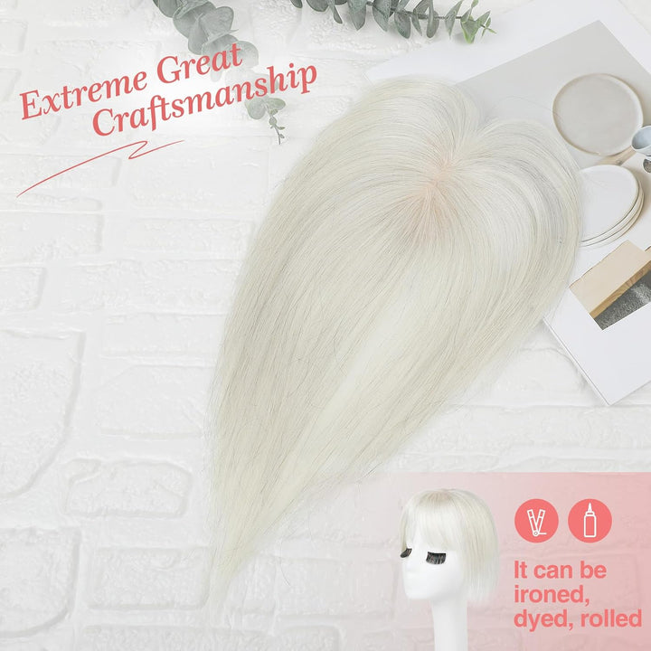 Real Human Hair Toppers for Women, 10 Inch Clip in Bangs 100％ Human Hair Toppers for Thinning Hair, Cover Hair Pieces with 150% Density Silk Base-Silver White