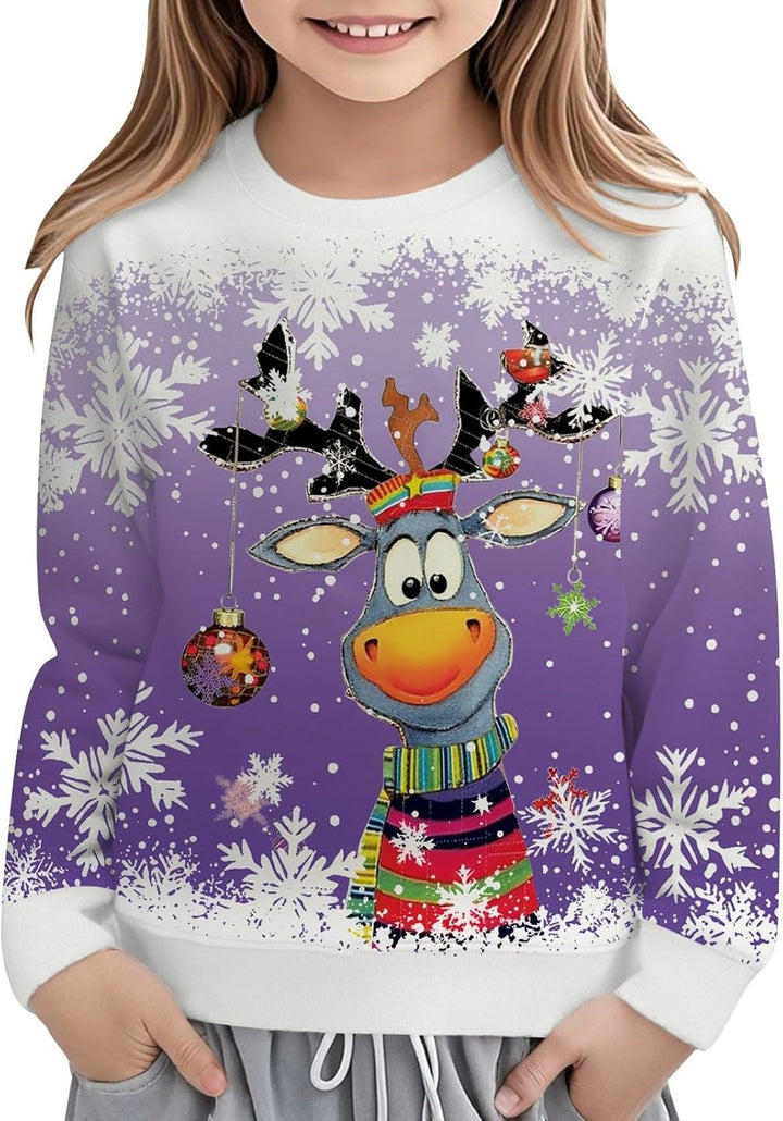 Festive Reindeer Print Girls Long Sleeve Crewneck Sweatshirt for Holiday Cozy Casual Pullover Top Kids
